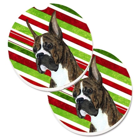 Boxer Candy Cane Holiday Christmas Set Of 2 Cup Holder Car Coaster